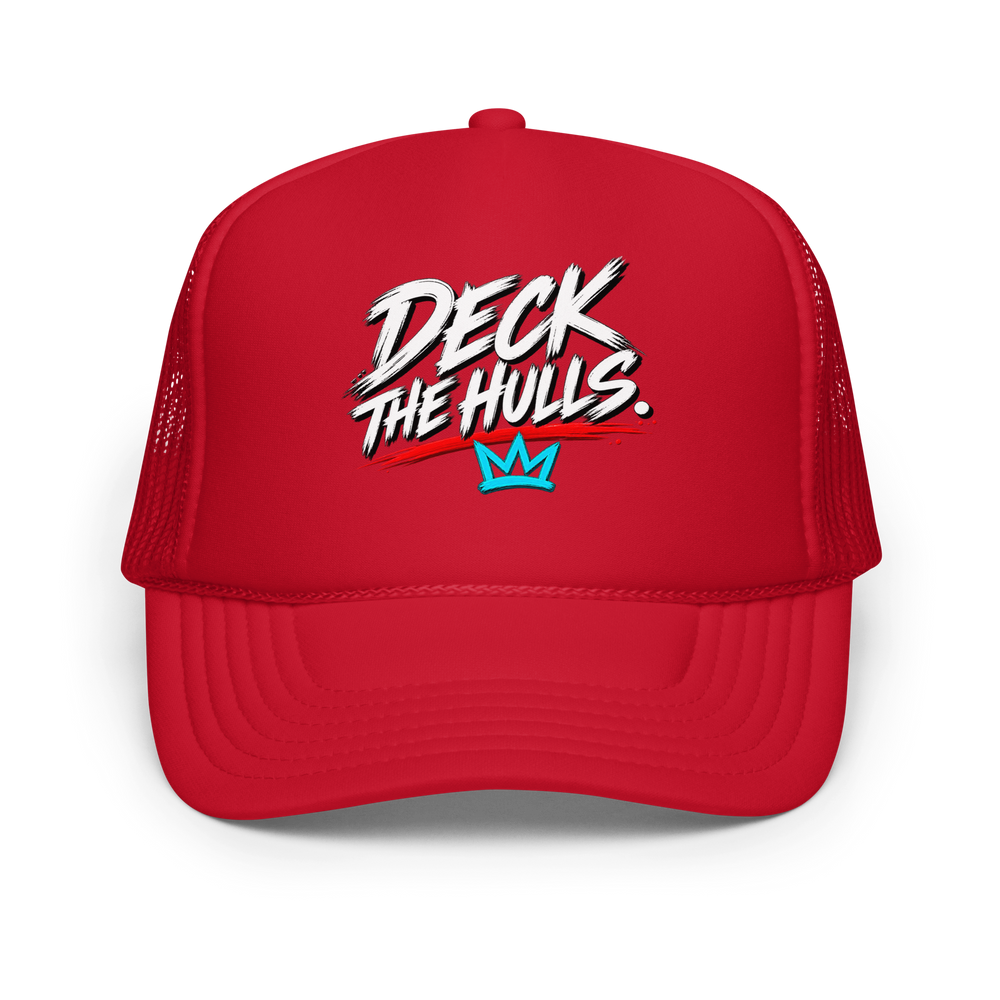 Red | Front — DECK THE HULLS. actual Printful mockup