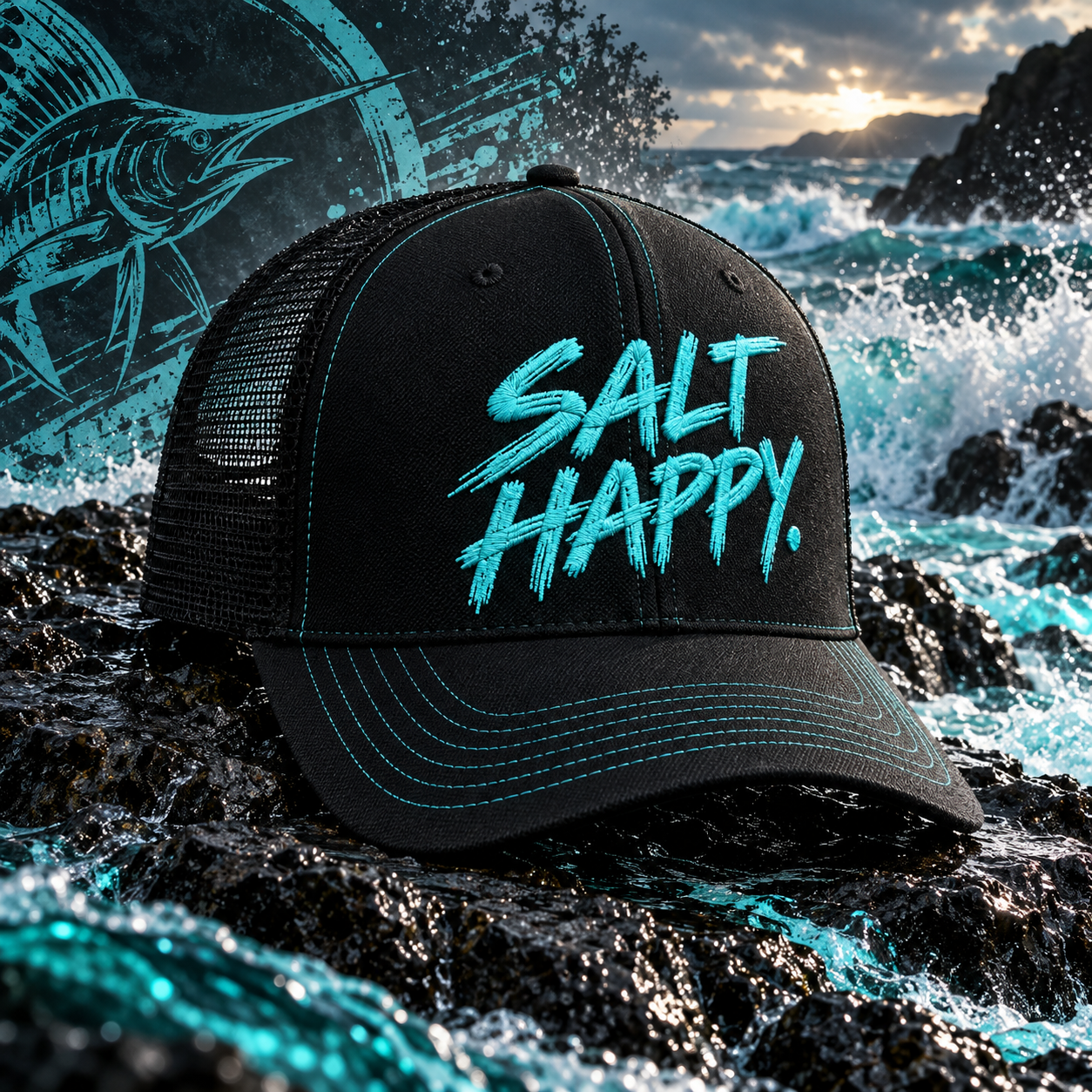 Black SALT HAPPY. cap on ocean rocks